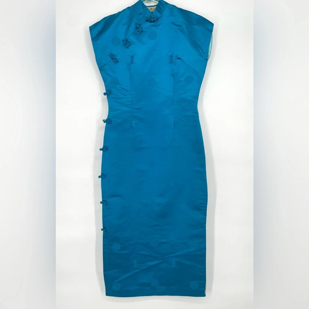VTG 1960s Mandarin Fashions Aqua Blue Maxi Length Mid Century Cheongsam Dress - Picture 1 of 14
